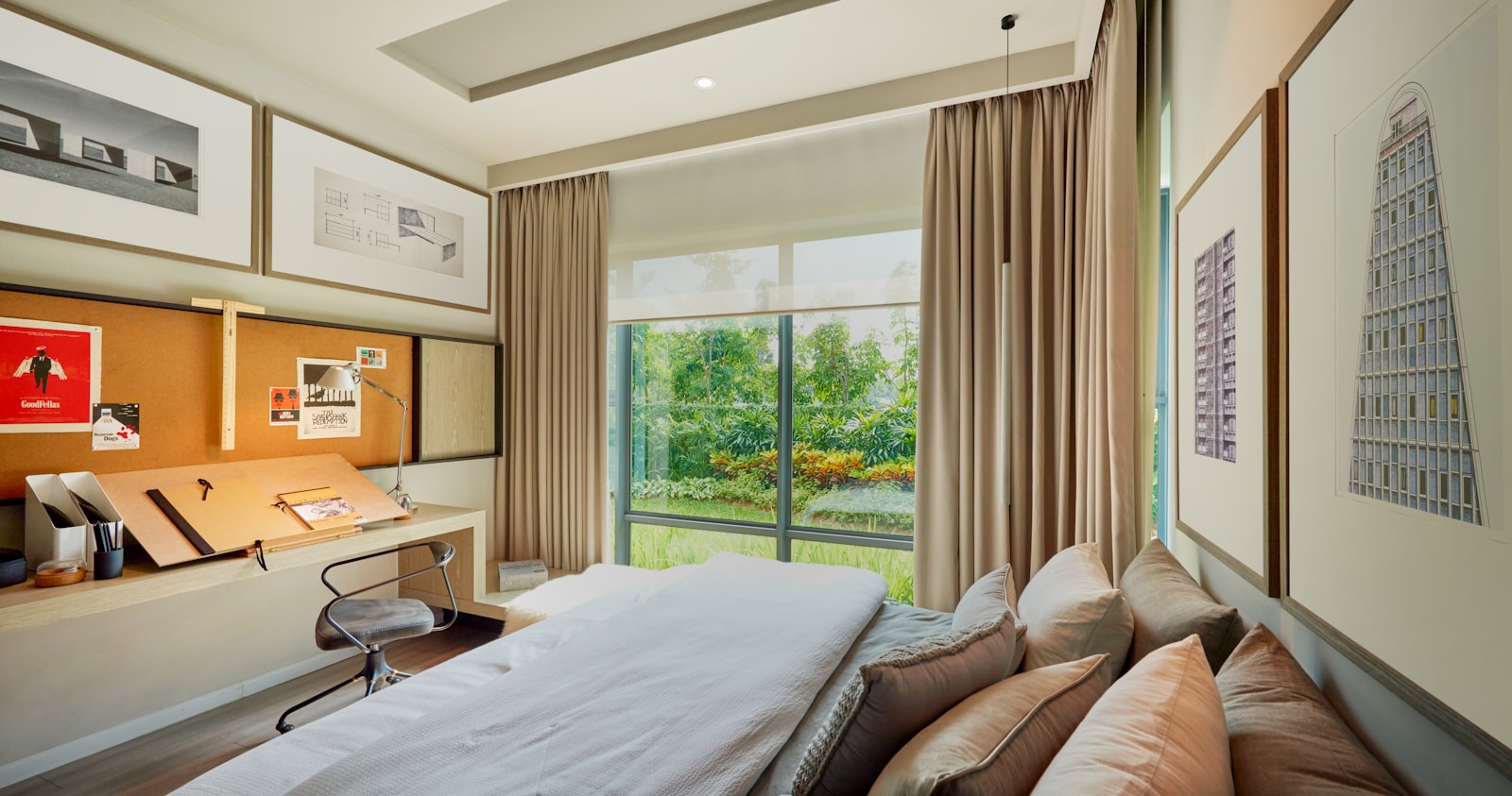 white bed linen near brown window curtain